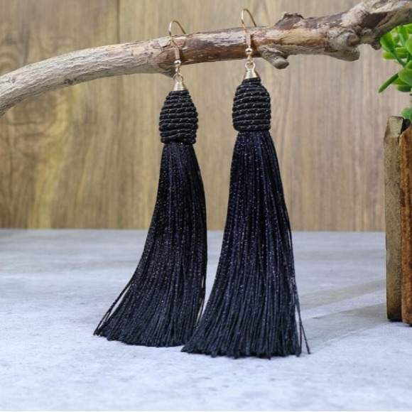Black Tassel Drop Dangle Earrings - Picture 2 of 5
